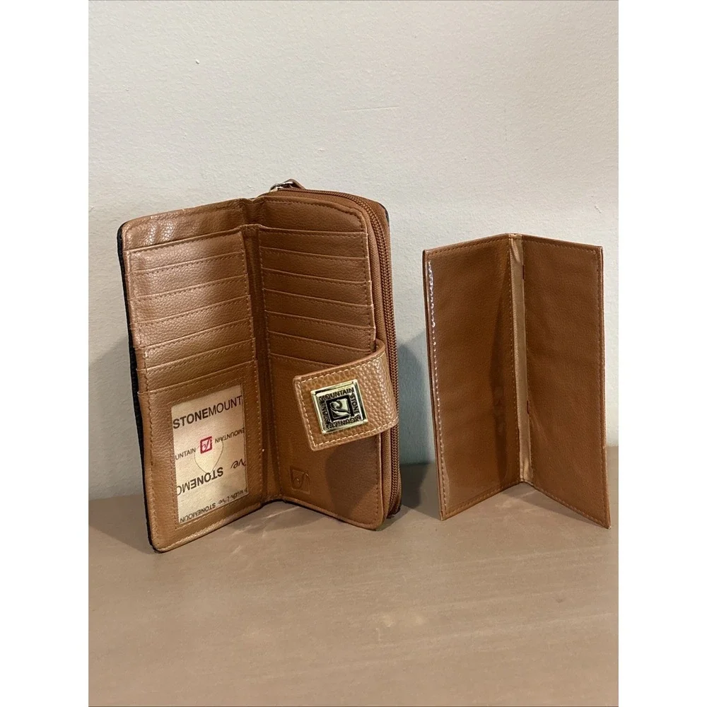 Stone Mountain Women's Navy Blue  Embossed Zip Around Wallet Brown Trim